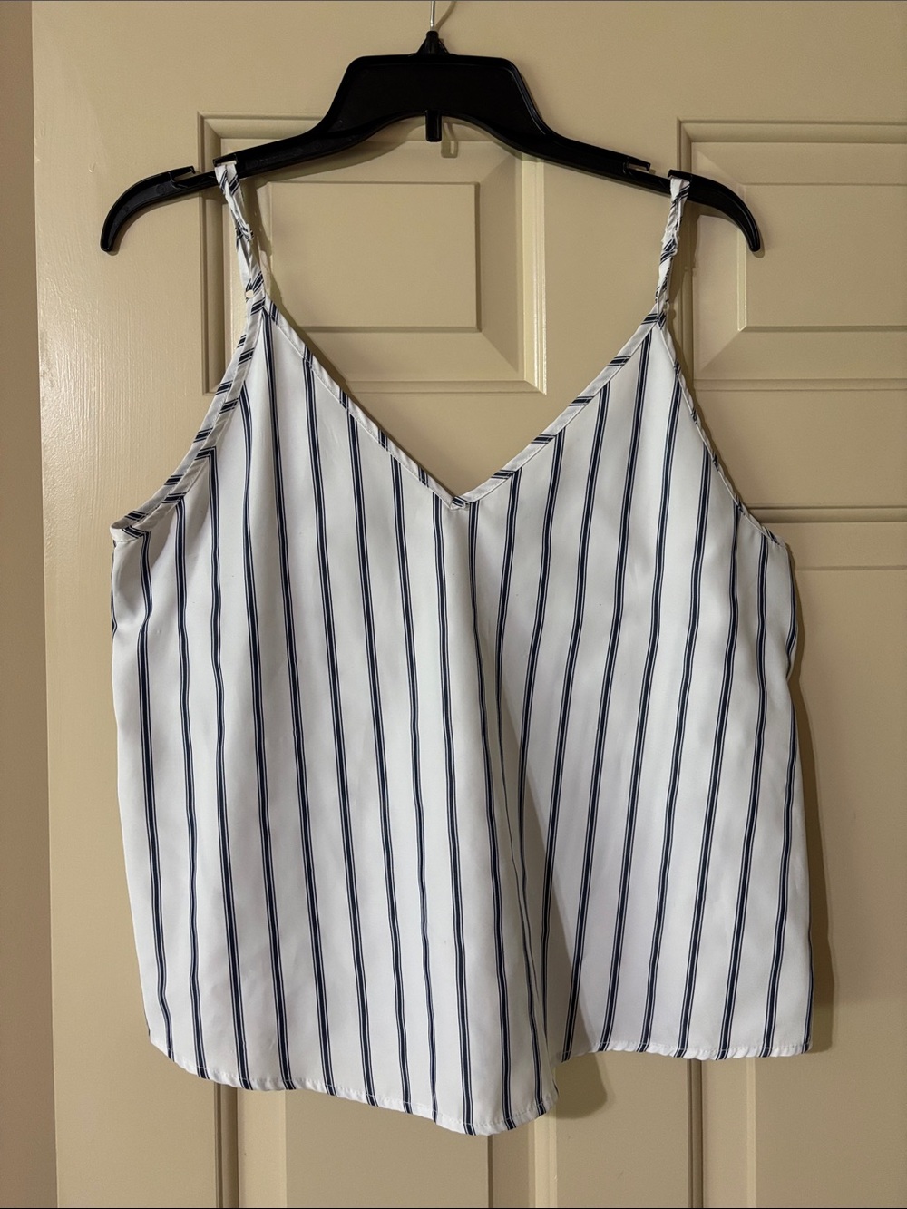 SHEIN White V-Neck Vertical Navy Stripe Cami